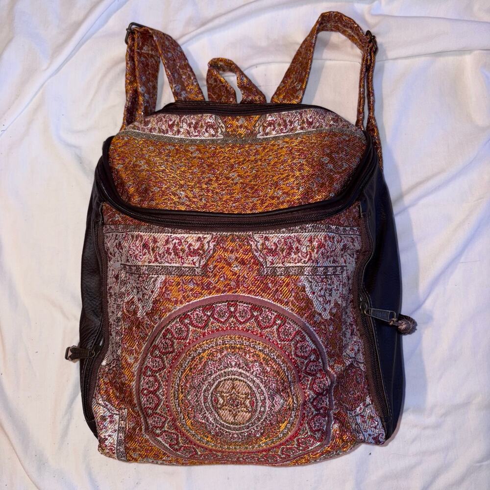 Handmade Leather Tapestry Backpack Medallion Woven Boho Bag Brown Orange‎